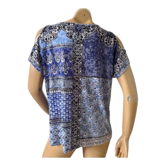 INC Womens Size Large Sheer Embellished V Neck Tribal Boho Cold Shoulder Shirt - Picture 4 of 7